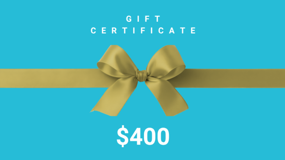 blue box with gift certificate text and gold ribbon